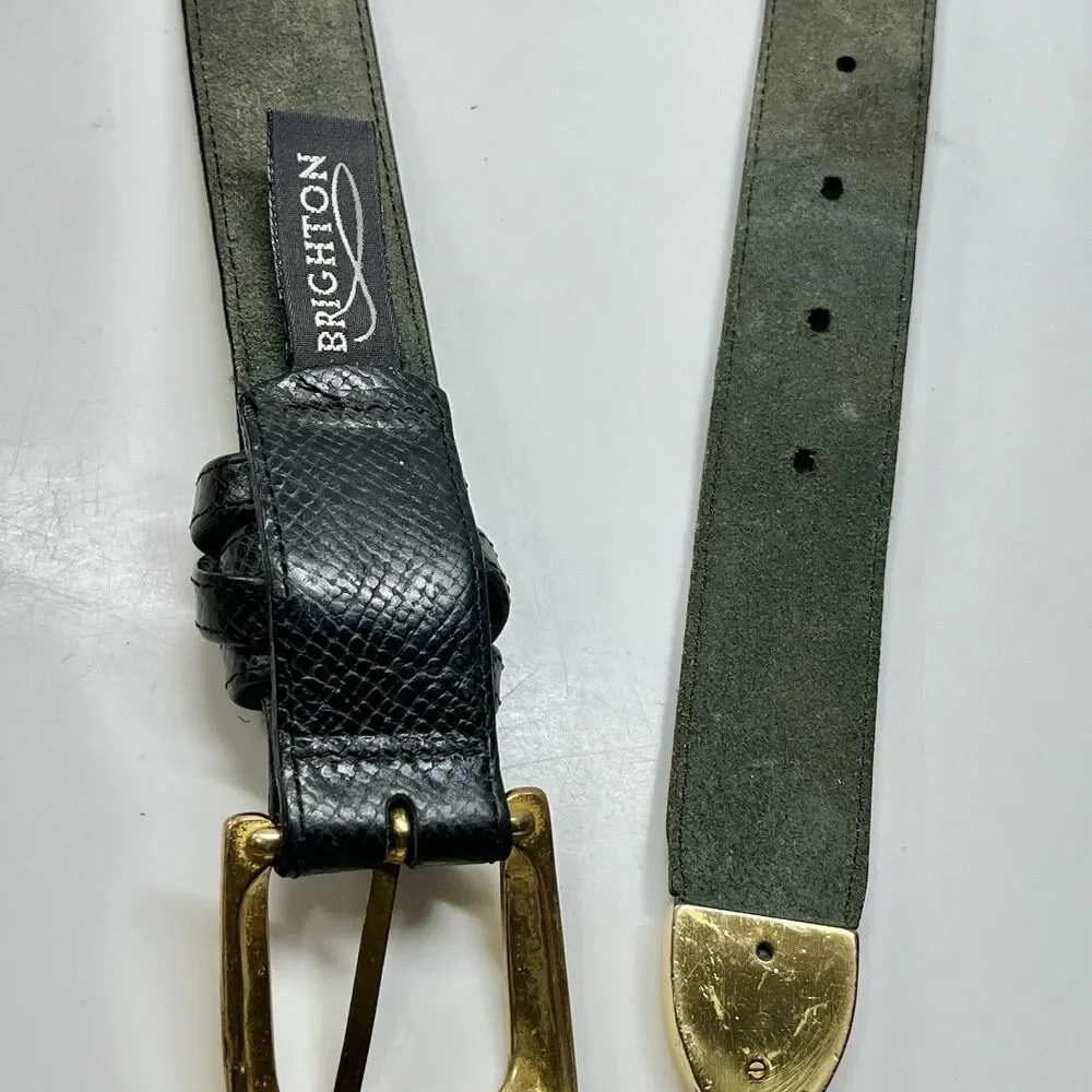 Vintage Black Faux Snakeskin Leather Brighton Womens Belt Size XS Small Brass